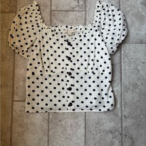 White and black smocked blouse with square neck puff sleeves